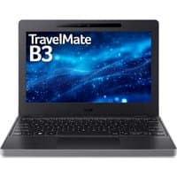 Black Acer TravelMate TMB311-33 laptop with 11-inch screen displaying blue abstract design, full keyboard layout.
