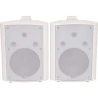 White Adastra BC8W indoor speakers with 8-inch woofers, rounded corners, and wall-mount brackets.