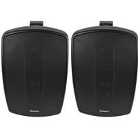 Black Adastra 6.5" indoor outdoor speakers, rectangular with curved edges, wall-mount bracket on top, pair.