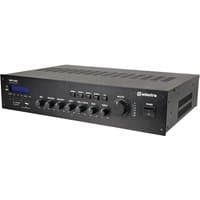 Black Adastra RM120D mixer amplifier with control knobs, LED display, Bluetooth, and DAB+ features.