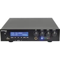 Black Adastra UM30 compact mixer amp with LCD display, knobs, USB port, and Bluetooth/FM controls.