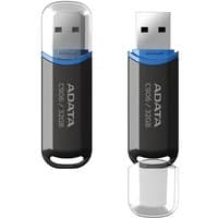 Black ADATA 32GB C906 USB flash drive with clear cap and blue accent, USB Type-A 2.0 connector.