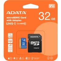 ADATA 32GB microSDHC card with orange label, includes black adapter, Class 10 UHS-I, in orange packaging.