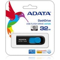 Black and blue ADATA DashDrive UV128 128GB USB Type-A 3.2 Gen 1 flash drive in packaging with hummingbird logo.