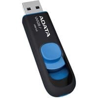 Black and blue ADATA DashDrive UV128 32GB USB flash drive with retractable USB Type-A connector.