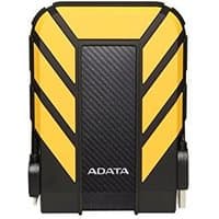 Black and yellow ADATA HD710 Pro external hard drive with rugged design and carbon fiber texture.