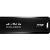 Black ADATA SC610 2 TB SSD with USB Type-A 3.2 Gen 2 port, sleek rectangular design, and white logo.