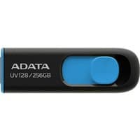 Black and blue ADATA UV128 USB flash drive, 256 GB, USB Type-A 3.2 Gen 1, with sliding connector design.