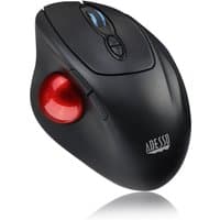Black Adesso iMouse T30 wireless ergonomic trackball mouse with red ball and programmable buttons.