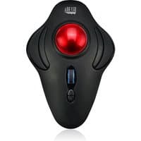 Black ergonomic trackball mouse with red ball, blue scroll wheel, and programmable buttons.