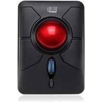 Black Adesso iMouse T50 wireless ergonomic trackball mouse with red trackball and blue scroll wheel.