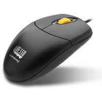 Black Adesso iMouse W3 optical mouse with yellow scroll wheel, ambidextrous design, USB Type-A connection.
