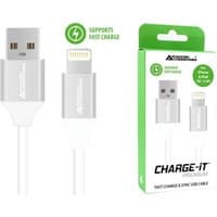 Silver AdvancedAccessories USB-A to Lightning cable with fast charge support, 1 metre length, in green and white packaging.