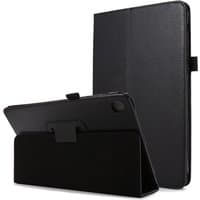 Black Samsung Galaxy Tab A9 Plus flip case with textured finish, stand feature, and secure closure by AdvancedAccessories.