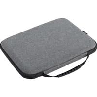 Gray fabric tablet carrying case with black zipper and handle, fits up to 11-inch tablets.