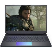Black Alienware laptop with 16" screen, backlit keyboard, sleek design, and RTX 5090 graphics card.