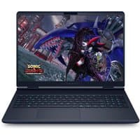 Black Alienware 16" laptop with illuminated keyboard, sleek design, and vibrant display showing a colorful graphic.