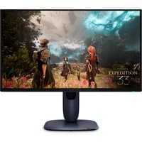 Alienware AW2725Q monitor, 26.7", 3840x2160, slim bezel, black stand, fantasy game scene displayed.