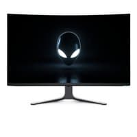 Curved Alienware AW3225QF monitor, 32-inch, 4K resolution, sleek black design with illuminated alien logo on screen.