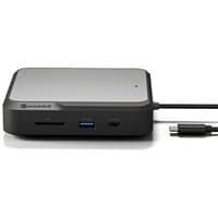 Black and grey ALOGIC DUCH2 laptop dock with USB-C, USB 3.2 ports, and sleek rectangular design.