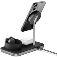Black ALOGIC charger stand for smartphone, smartwatch, and earbuds with USB and wireless fast charging features.