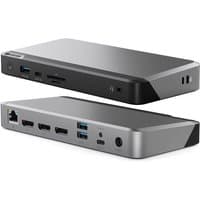 Sleek black and silver ALOGIC USB-C docking station with multiple ports, including HDMI, USB, Ethernet, and power delivery.