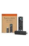 Amazon Fire TV Stick 4K Max with black remote, supports Wi-Fi 6E, features Ambient Experience, in orange packaging.