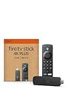 Black Amazon Fire TV Stick 4K Plus with Alexa voice remote, Wi-Fi 6 support, and packaging box in background.