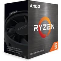 AMD Ryzen 5 5600G processor box with black fan image and orange Ryzen logo on dark textured background.
