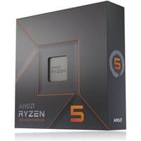 AMD Ryzen 5 7600X processor in sleek black box with orange accents and visible chip window.