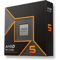 Black AMD Ryzen 5 9600X processor box with orange accents and visible processor chip.