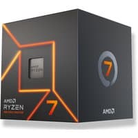 AMD Ryzen 7 7700 processor in a black box with orange accents and a large "7" logo.