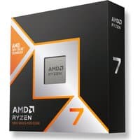 Black AMD Ryzen 7 9850X3D processor box with orange accents and visible CPU through a window.
