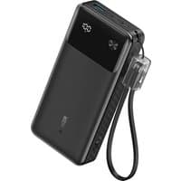 Black Anker Powercore 20000 mAh power bank with USB ports, LED indicator, and attached charging cable.