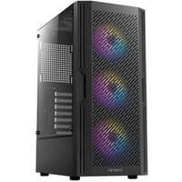 Black Antec AX20 Midi Tower with mesh front panel, three RGB fans, and transparent side panel.