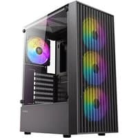Black Antec AX27 RGB Elite PC case with tempered glass, mesh front, and four 120mm RGB fans.