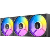Black Antec C120 ARGB computer case fans, 12 cm, set of 3, with vibrant multicolor LED lighting.