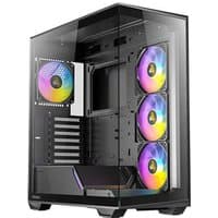 Black Antec C3 Midi Tower with tempered glass panels, RGB fans, and spacious interior for PC components.