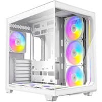 White Antec C5 Midi Tower with tempered glass panel, RGB fans, and multiple expansion slots.