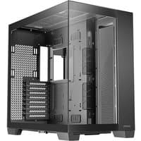 Black Antec C8 full tower case with tempered glass side panel and mesh front, showcasing internal compartments.