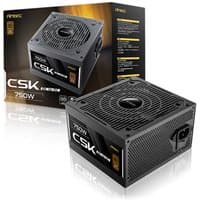 Black Antec CSK DC 750W PSU with 80+ Bronze rating, fully wired, features a large cooling fan and comes with a 5-year warranty.