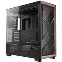 Black Antec FLUX PRO EUV full tower case with wood accents, tempered glass side panel, and mesh front for airflow.