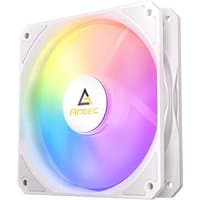 White Antec P12 PWM ARGB computer case fan with multicolor LED lighting, featuring a sleek square frame design.