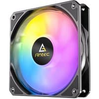 Black Antec P12R PWM ARGB 12 cm computer case fan with multicolor LED lighting and central Antec logo.