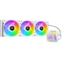 White Antec Symphony 360 ARGB liquid cooler with three colorful LED fans and a sleek white pump unit.