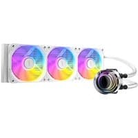 White Antec Vortex Lum 360 ARGB CPU cooler with three rainbow-lit fans and a cylindrical pump.