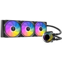 Black Antec Vortex Lum 360 ARGB liquid cooling kit with three 12 cm fans and colorful LED lighting.