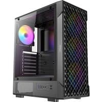 Black Antec VX-320 ARGB Midi Tower with mesh front panel, tempered glass side, and colorful LED fan.