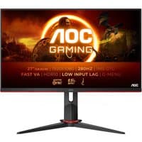 AOC G2 27" Full HD 280Hz gaming monitor with slim bezels, red accents, and adjustable stand.