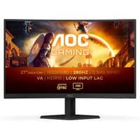 Curved AOC G4 27" gaming monitor, black frame, 280Hz, Full HD, with vibrant game graphics on screen.